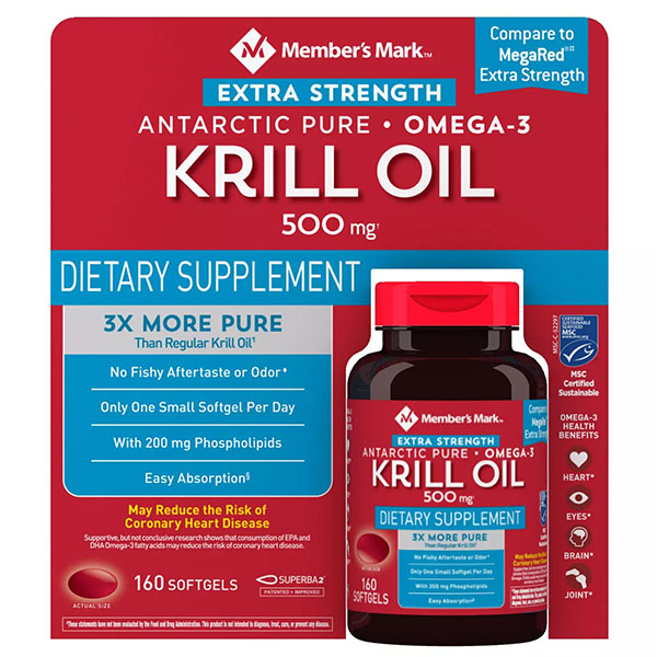 Member’s Mark Extra-Strength Antarctic Pure Omega-3 Krill Oil 500mg 160 Softgels
