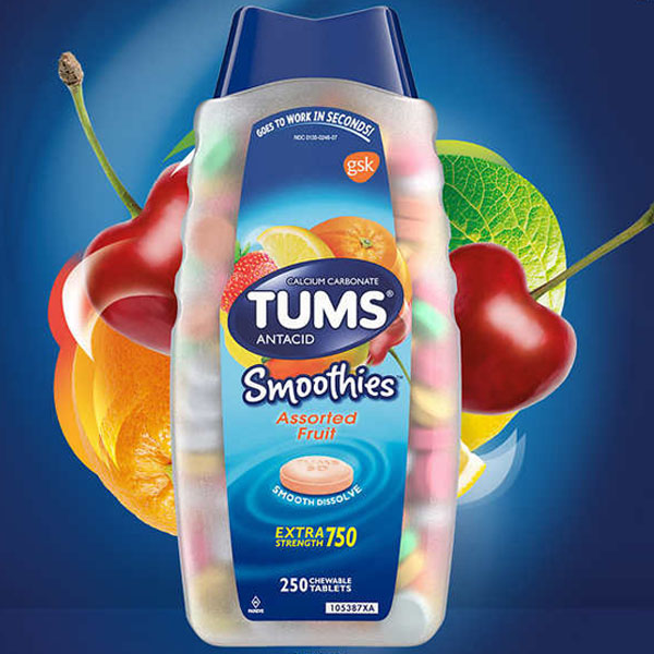 TUMS Antacid Extra Strength Smoothies Assorted Fruit 250 Chewable Tablets