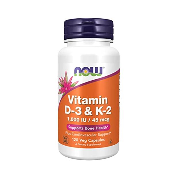 NOW Supplements, Vitamin D-3 & K-2, 1,000 IU 45 mcg, Plus Cardiovascular Support, Supports Bone Health, 120 Veg Capsules