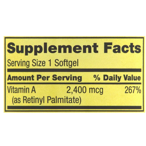 Spring Valley Vitamin A Supplement, 2400 mcg 250 Softgels