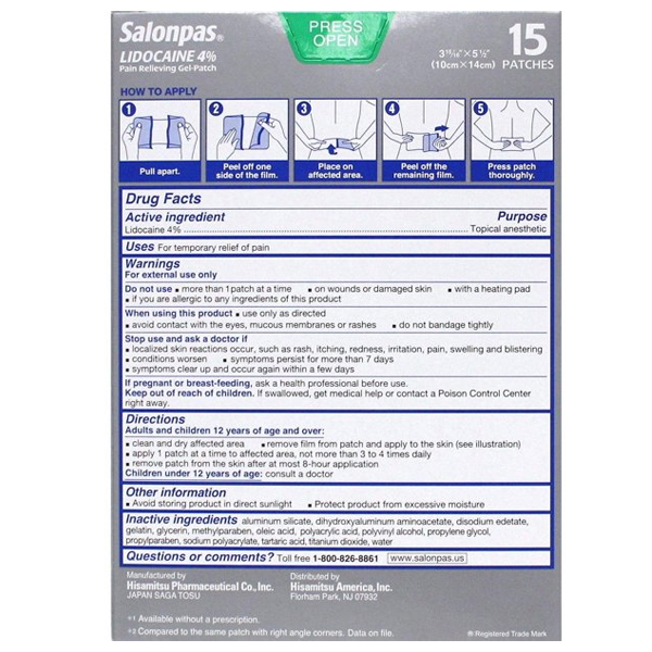 Salonpas Lidocaine 4% Pain Relieving Gel-Patch, 15 Count
