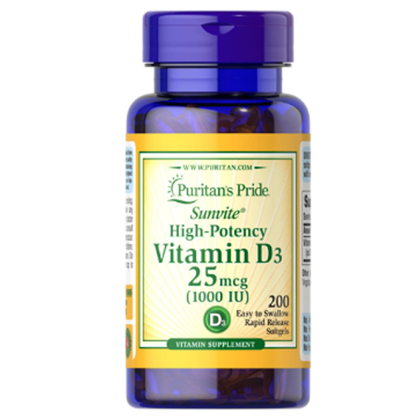 Puritan's Pride Vitamin D3 25mcg (1000 IU) 200 Softgels