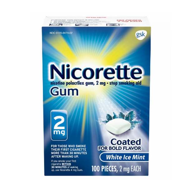 Nicorette 2mg White Ice Mint Coated Stop Smoking Aid Gum 100 pices (USA)
