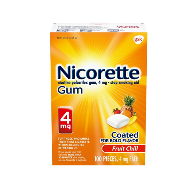 Nicorette 4 mg Nicotine Gum to Help Quit Smoking Flavored Stop Aid, Fruit Chill, 100 Pieces