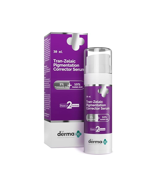 The Derma Co Tran-Zelaic Pigmentation Corrector Serum (30ml) targets dark spots, pigmentation, and uneven skin tone, using Tranexamic Acid, Azelaic Acid, and Kojic Acid to reveal clearer, brighter skin.