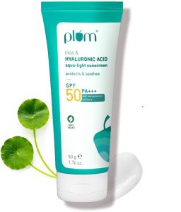 Plum Cica Hyaluronic Acid sunscreen SPF 50 PA+++ lightweight non-sticky broad-spectrum protection hydration