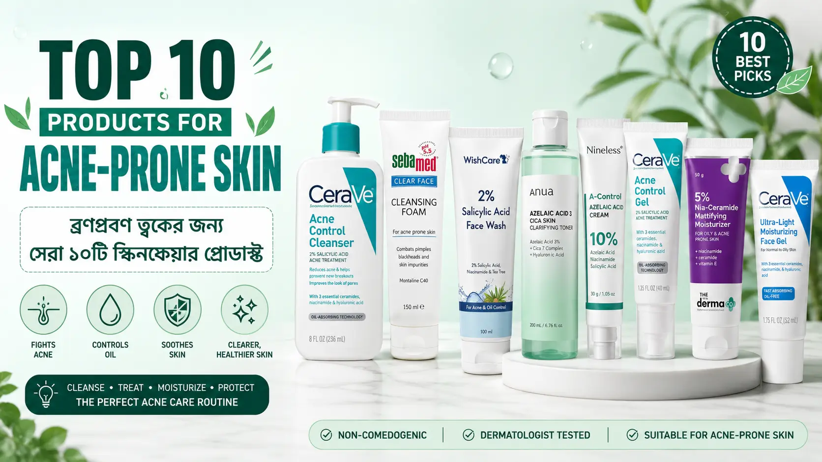 Top 10 Products for Acne-Prone Skin - ব্রণপ্রবণ ত্বকের জন্য সেরা ১০টি স্কিনকেয়ার প্রোডাক্ট